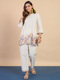 Women's Short Kurta with Natural Motif Thread Embroidery & Straight Pant Set