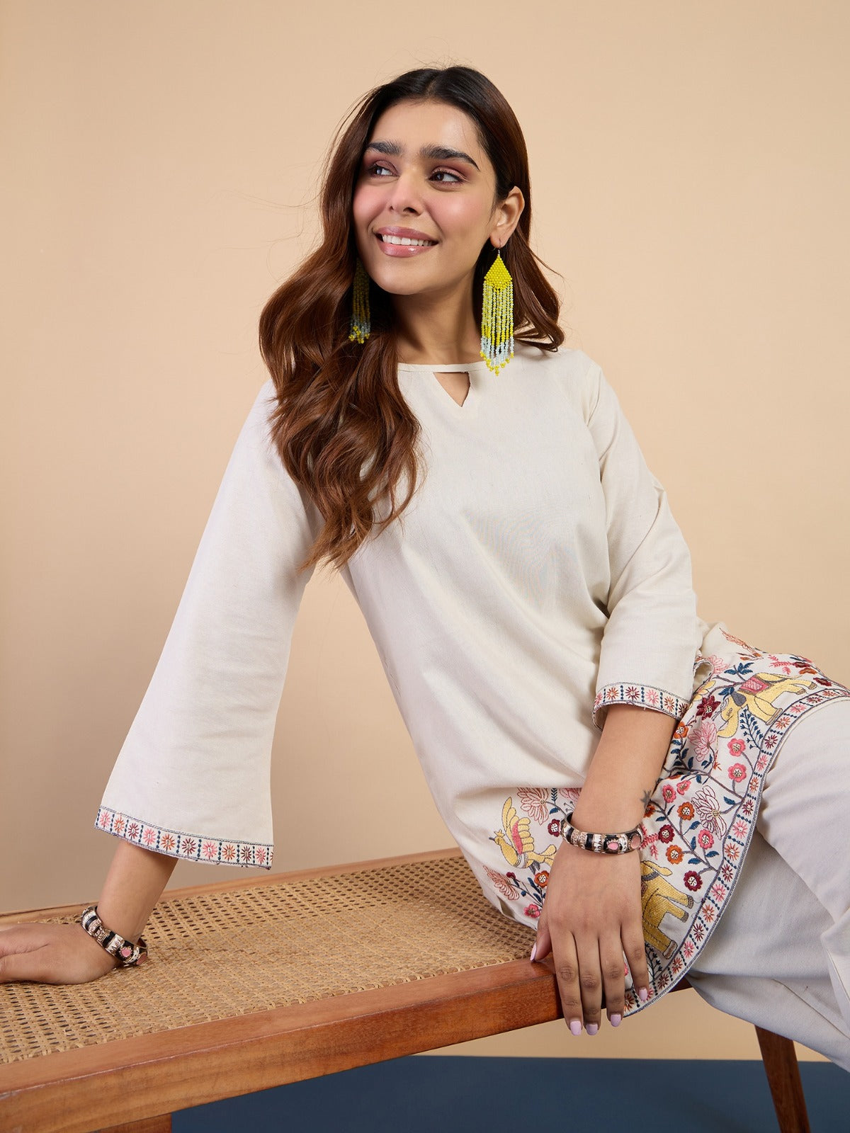 Women's Short Kurta with Natural Motif Thread Embroidery & Straight Pant Set