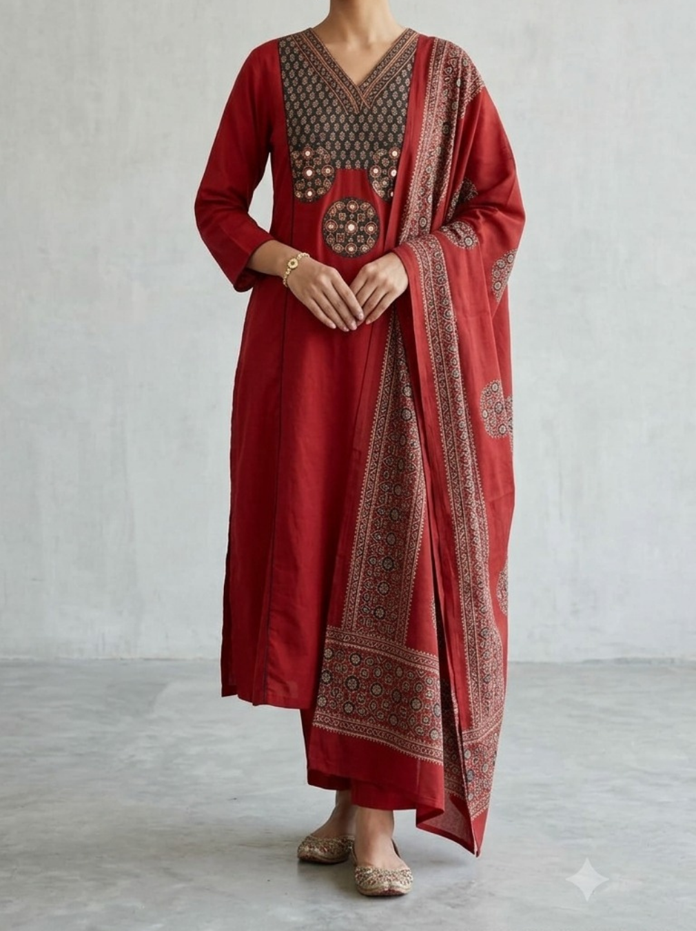Red 3-Piece Modal Suit with Ajrak Print & Mirrorwork