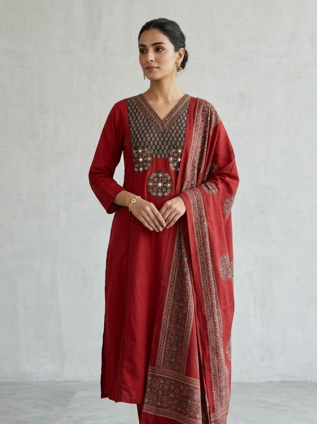 Red 3-Piece Modal Suit with Ajrak Print & Mirrorwork