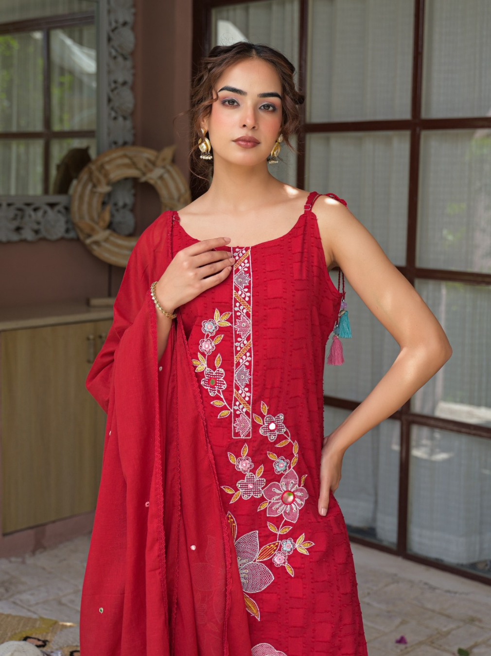 Red Heavy Cotton Sleeveless Kurta Set with Floral Front Embroidery