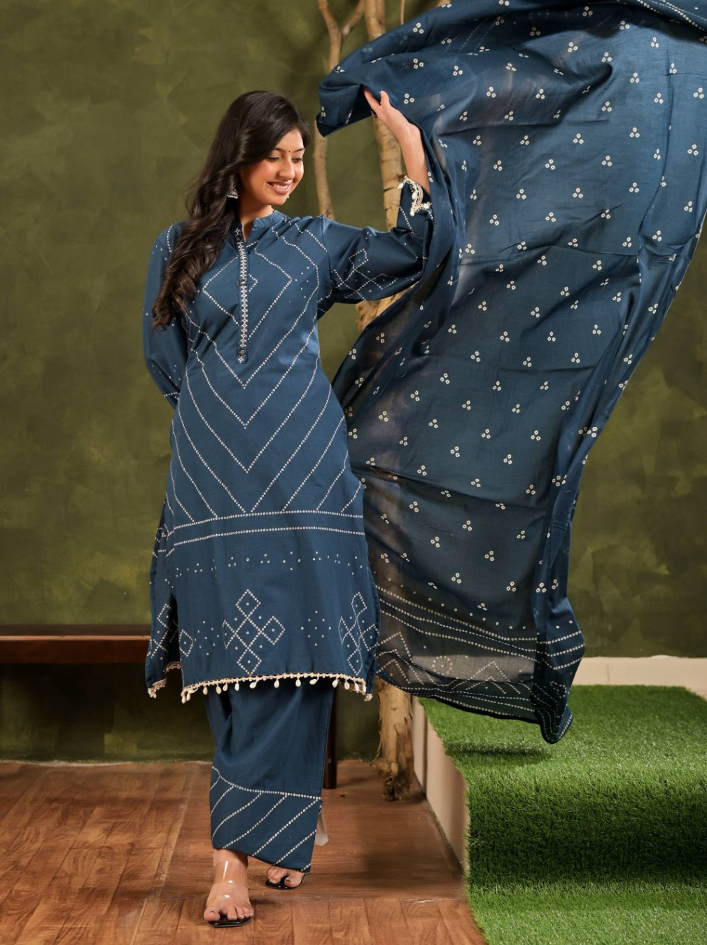 Teal Bandhani Print Cotton Kurta Set