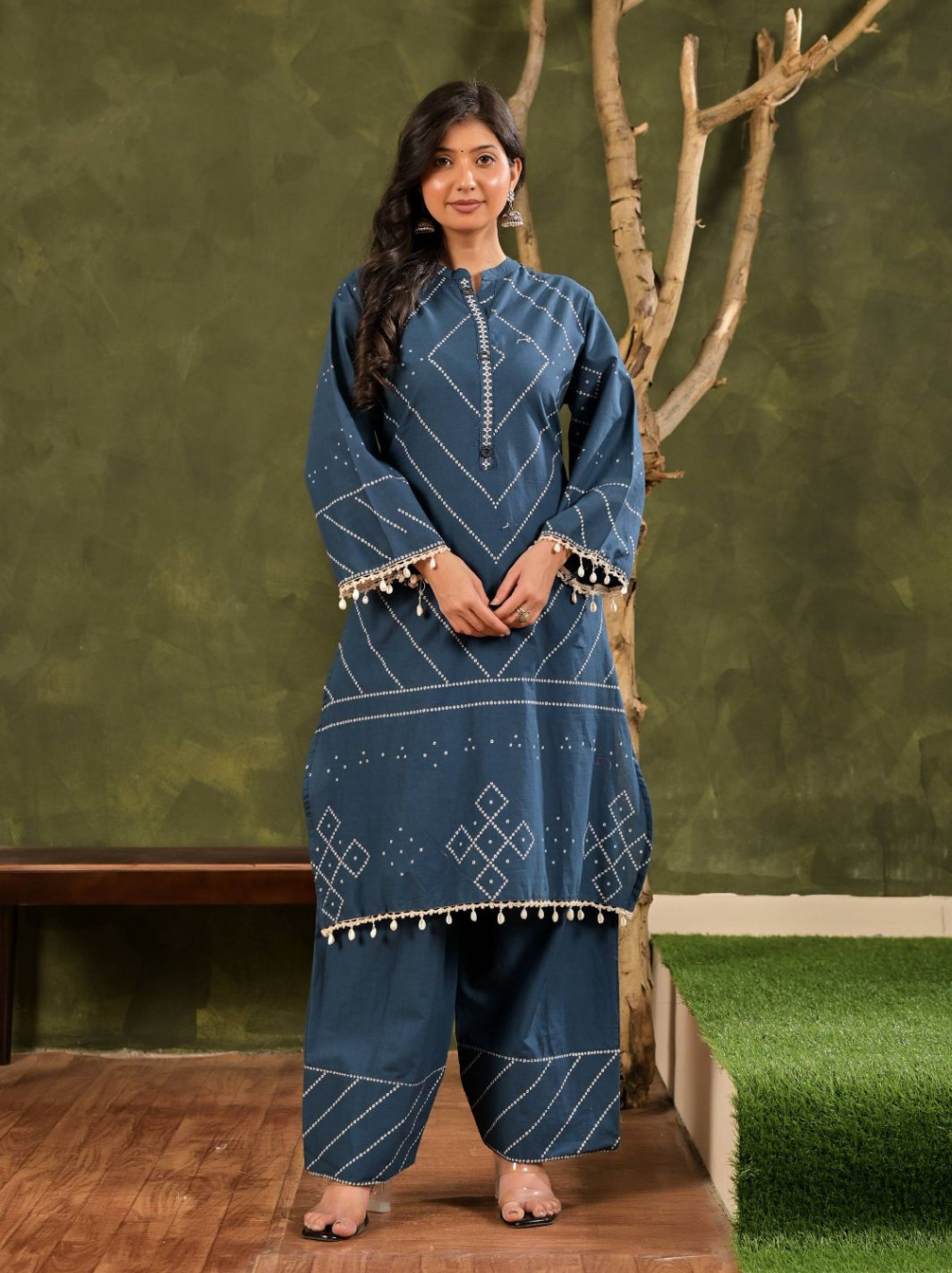 Teal Bandhani Print Cotton Kurta Set