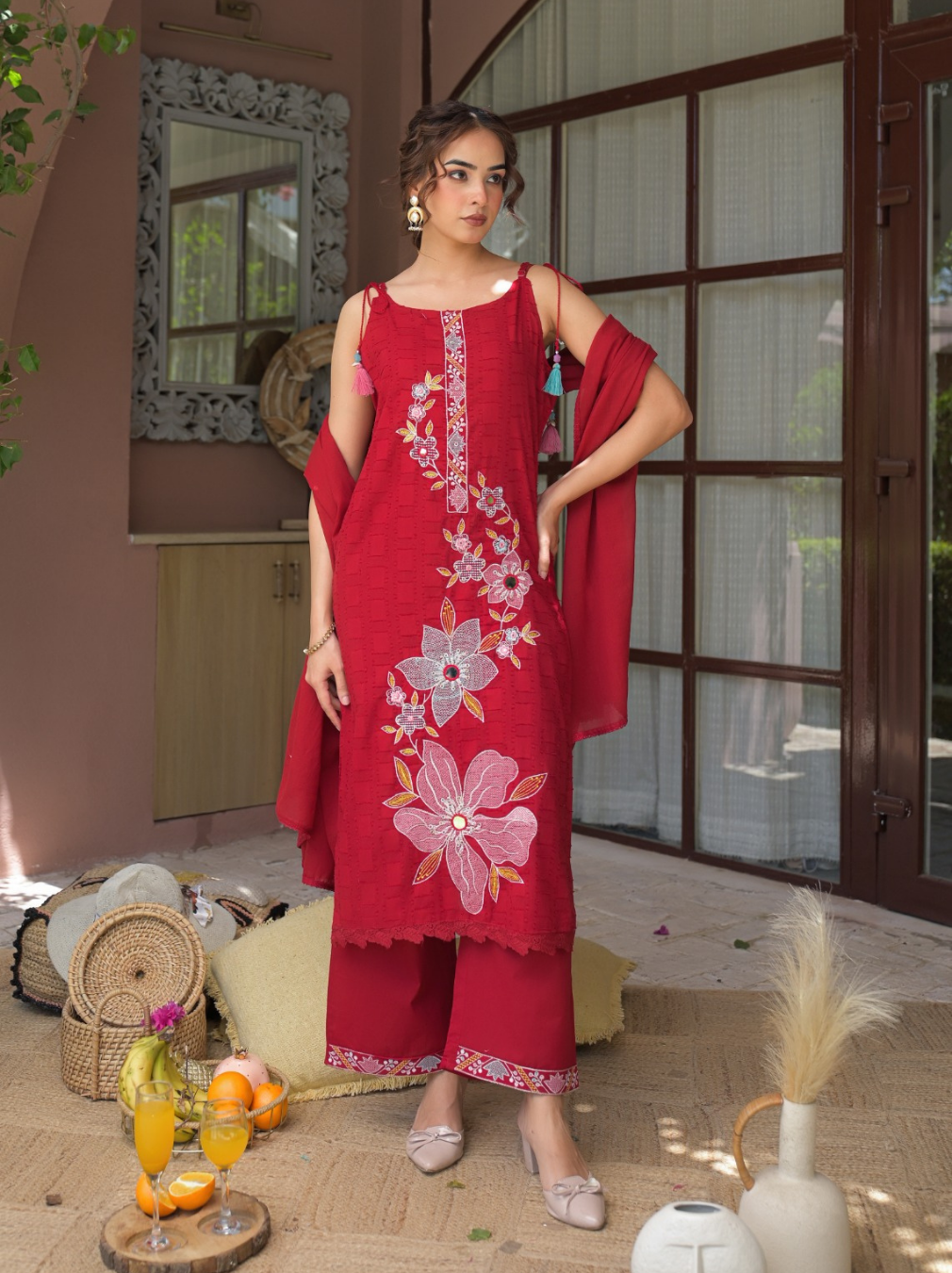 Red Heavy Cotton Sleeveless Kurta Set with Floral Front Embroidery