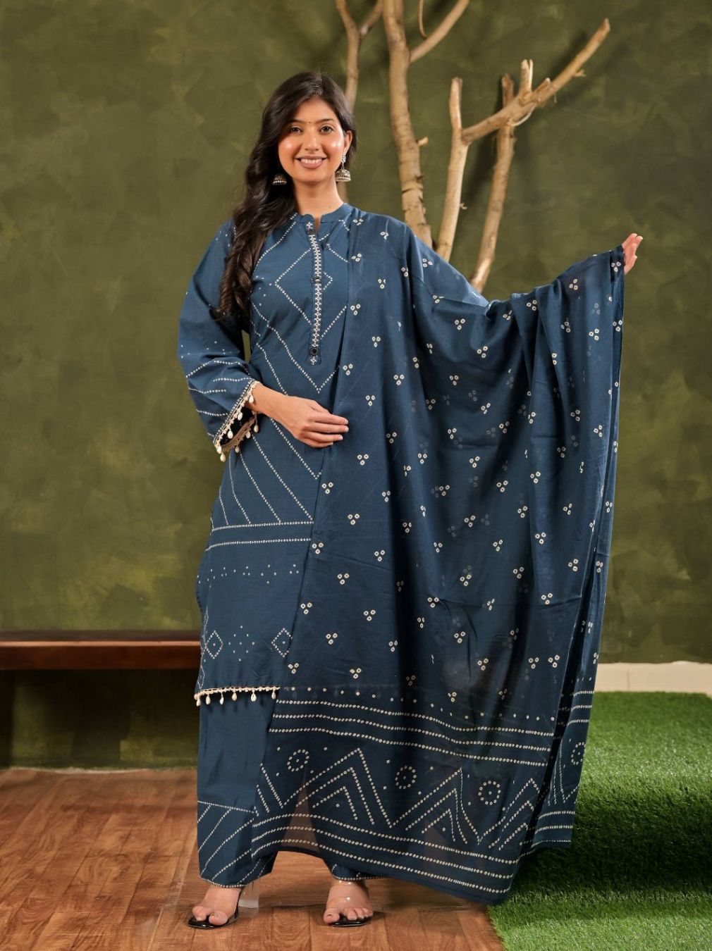 Teal Bandhani Print Cotton Kurta Set