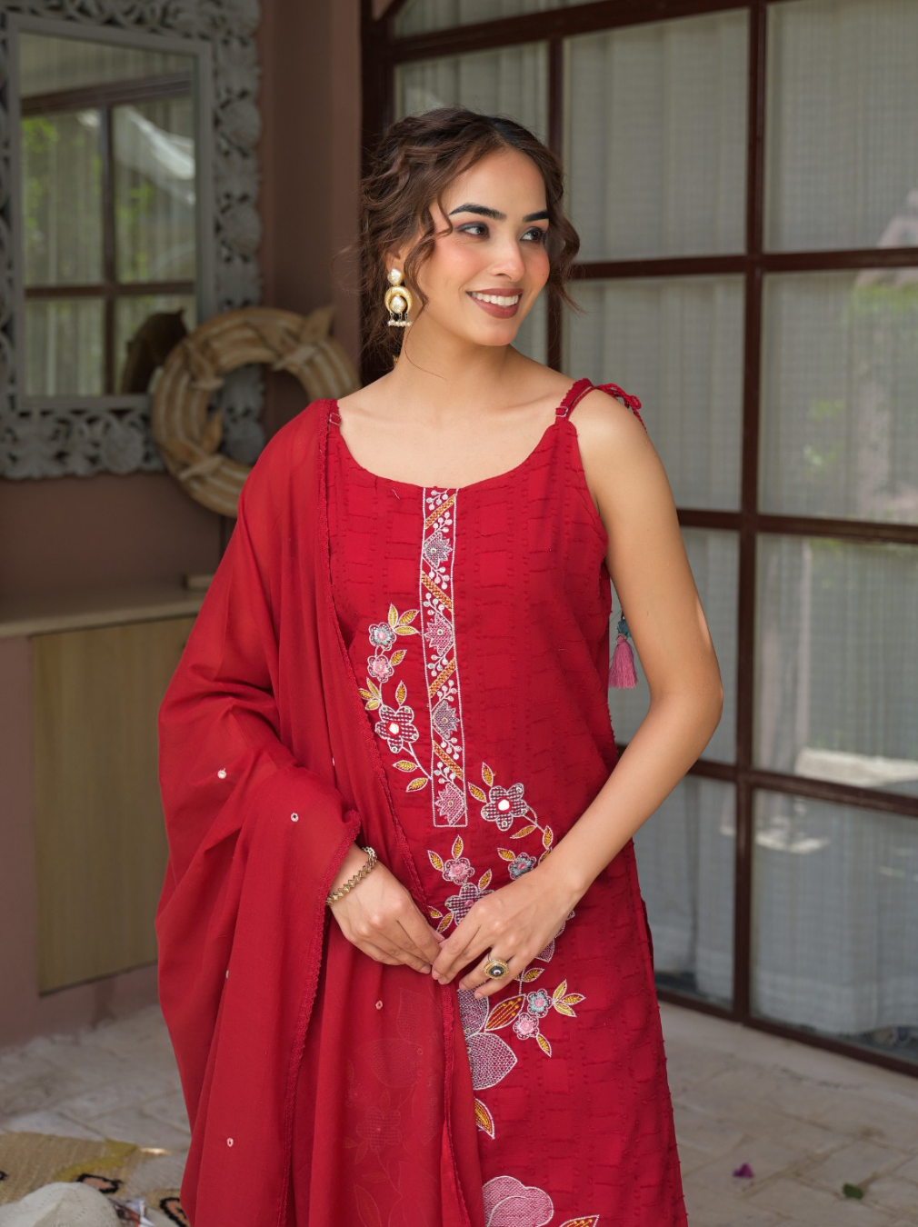 Red Heavy Cotton Sleeveless Kurta Set with Floral Front Embroidery