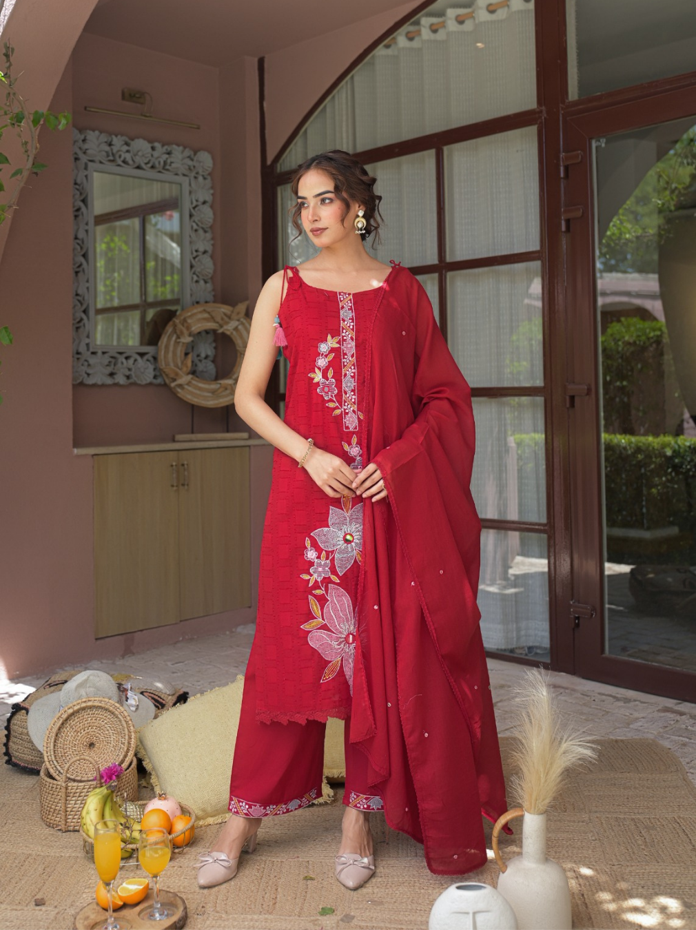 Red Heavy Cotton Sleeveless Kurta Set with Floral Front Embroidery