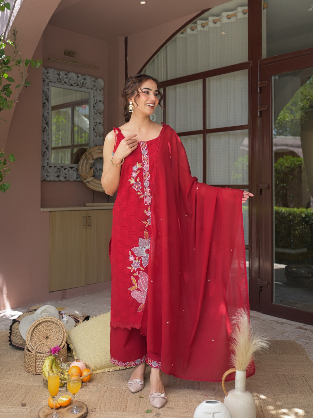 Red Heavy Cotton Sleeveless Kurta Set with Floral Front Embroidery