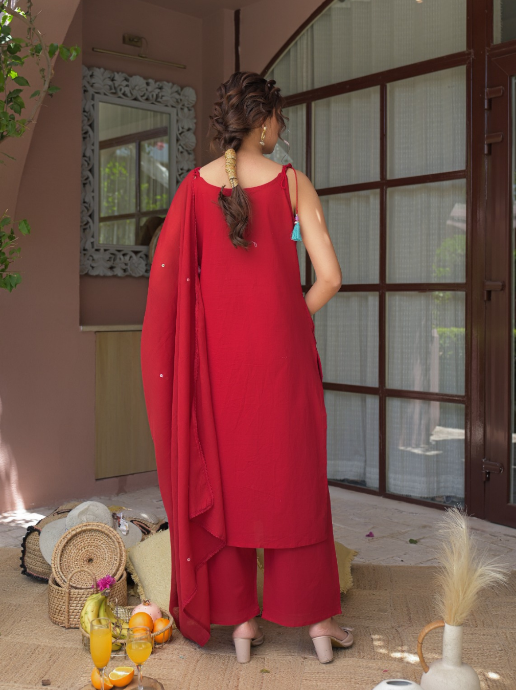 Red Heavy Cotton Sleeveless Kurta Set with Floral Front Embroidery