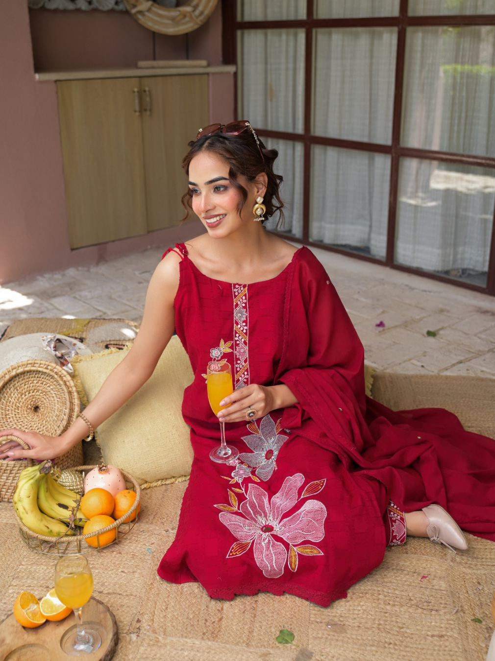 Red Heavy Cotton Sleeveless Kurta Set with Floral Front Embroidery