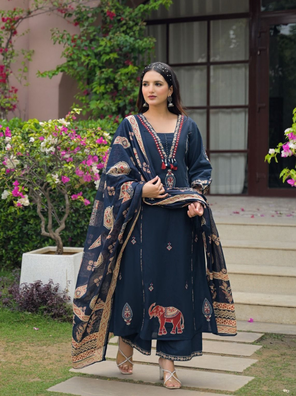 Navy Blue Elephant Motif Heavy Cotton Kurta Set