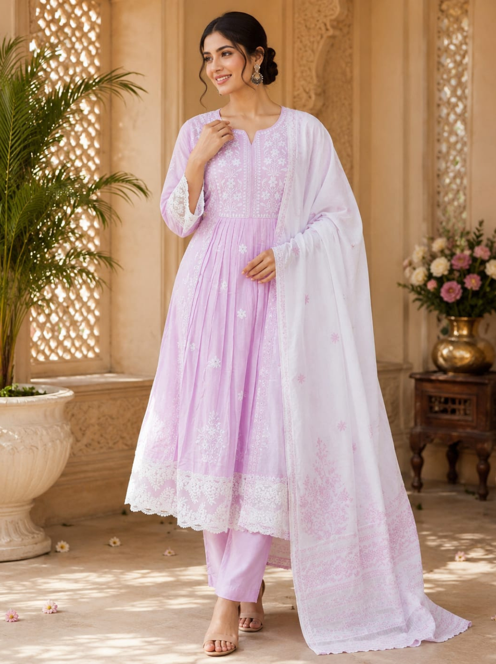 Lilac Lucknowi Chikankari Anarkali Suit Set