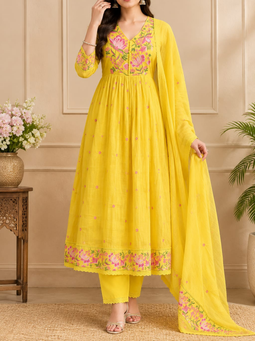 Yellow Floral Embroidered Cotton Anarkali Suit Set