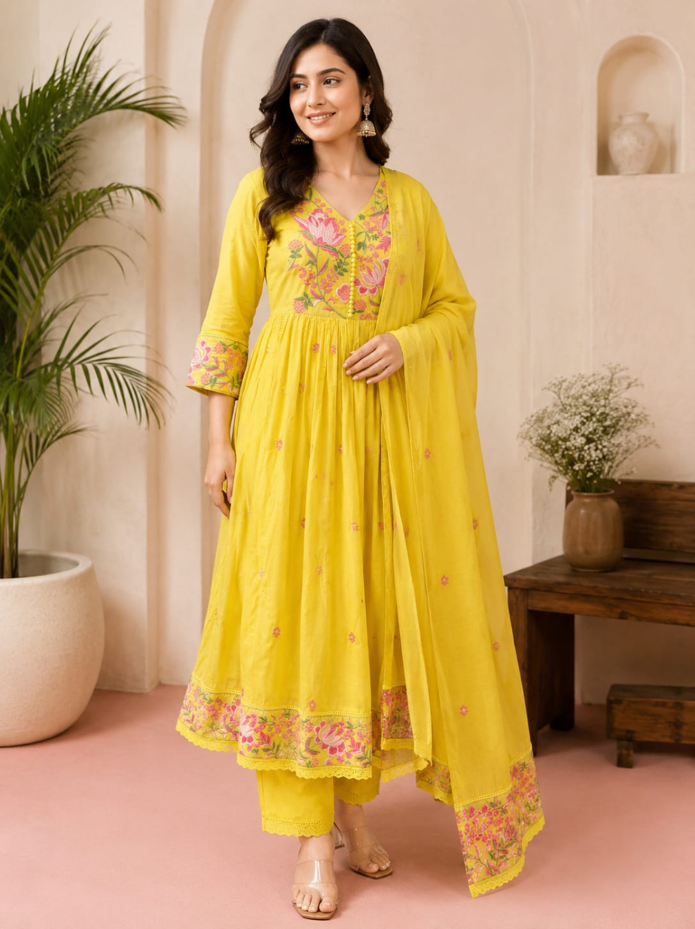 Yellow Floral Embroidered Cotton Anarkali Suit Set