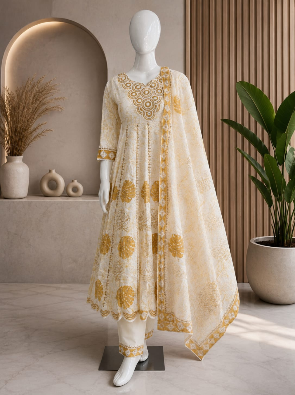 Cream Gold Embroidered Anarkali Frock Suit Set