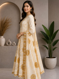 Cream Gold Embroidered Anarkali Frock Suit Set