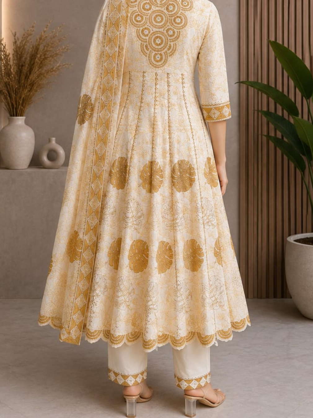 Cream Gold Embroidered Anarkali Frock Suit Set