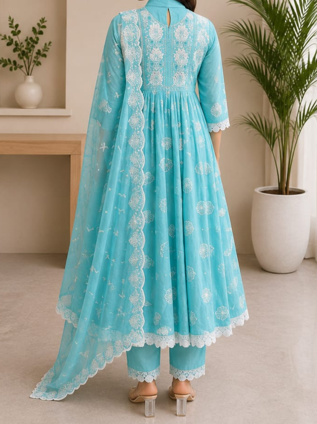 Sky Blue Chikankari Embroidered Anarkali Suit Set