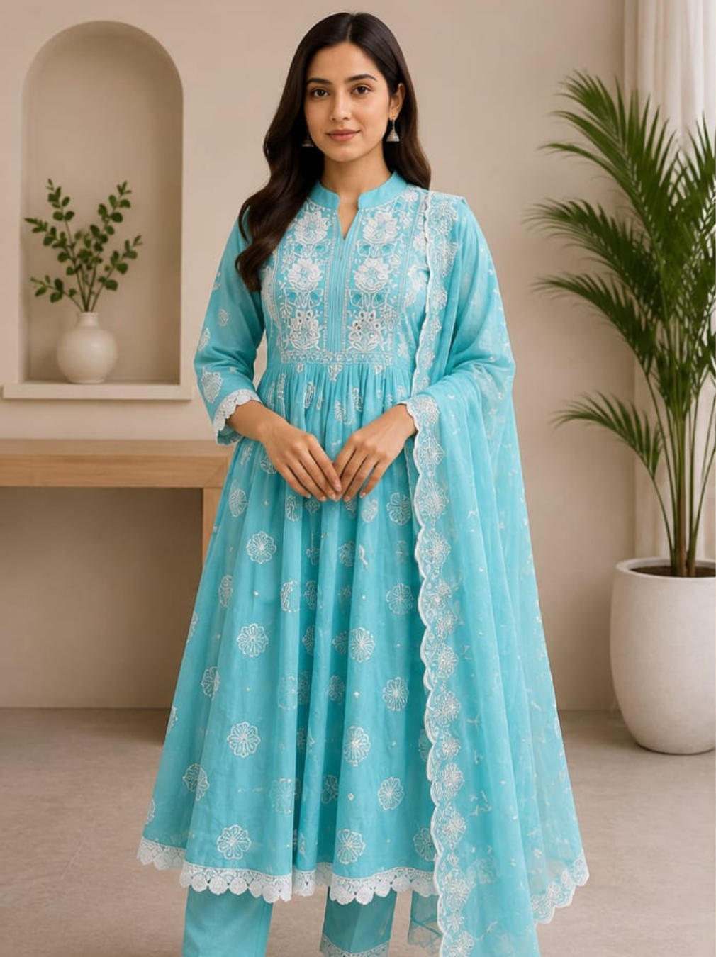 Sky Blue Chikankari Embroidered Anarkali Suit Set