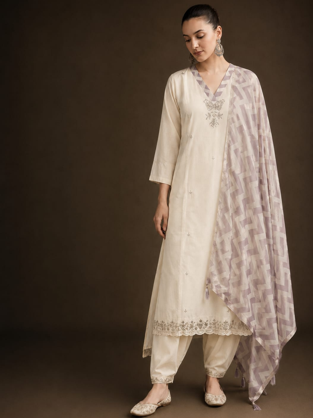 Ivory Silver Embroidered Cotton Silk Kurta Set