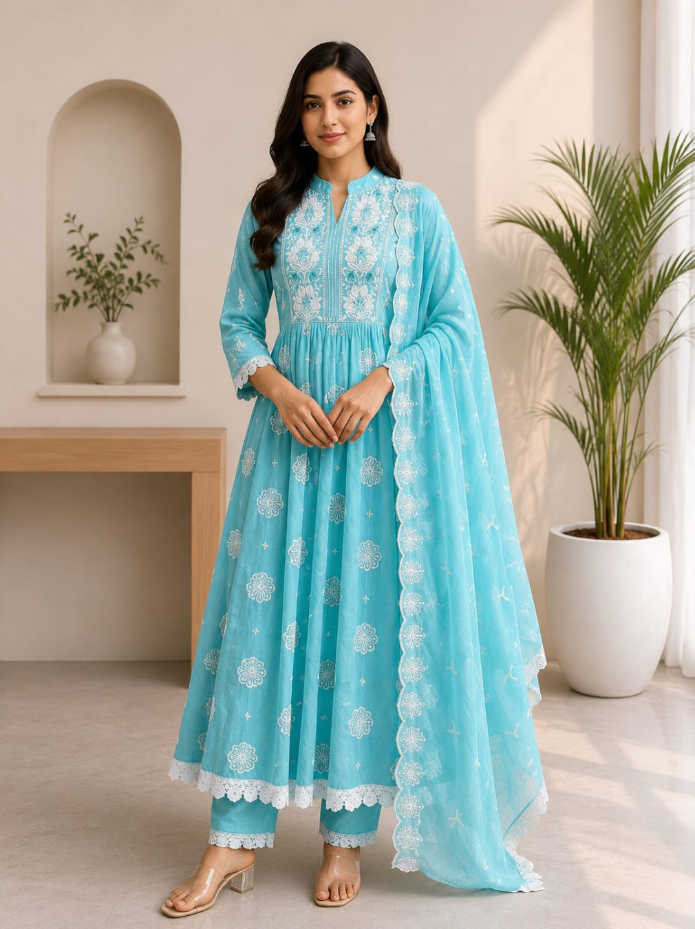 Sky Blue Chikankari Embroidered Anarkali Suit Set
