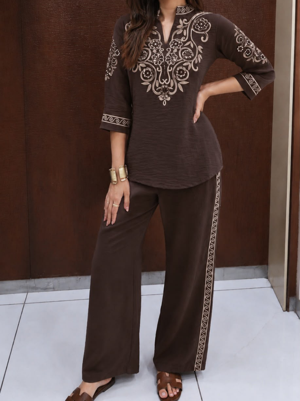 Chocolate Brown Embroidered Cotton Flex Coord Set