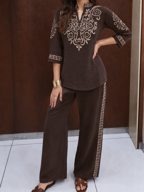 Chocolate Brown Embroidered Cotton Flex Coord Set