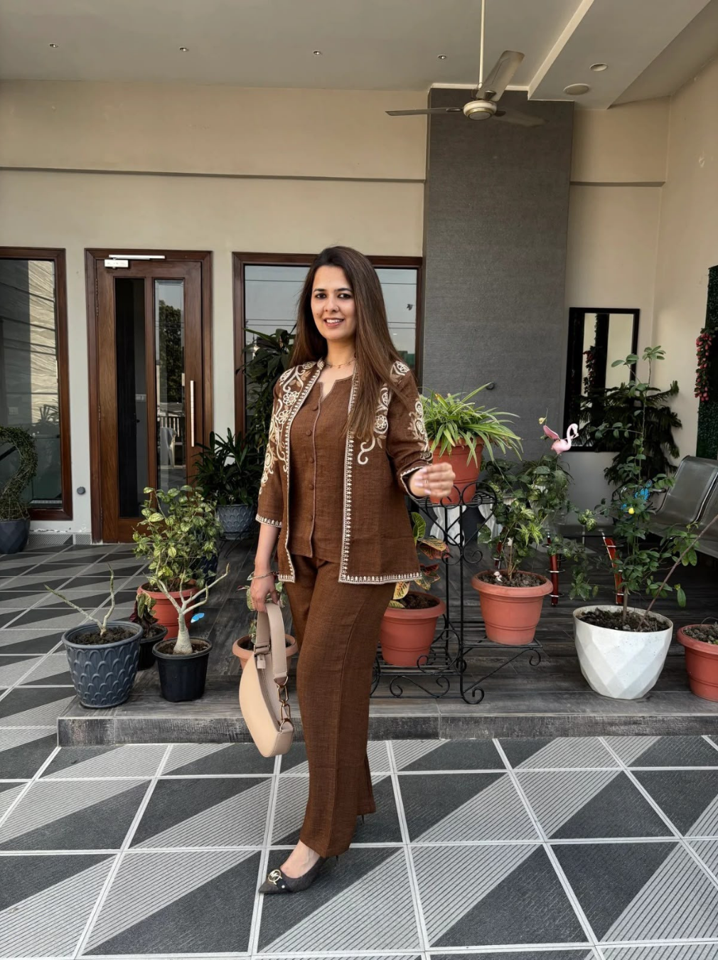 Brown Floral Embroidered Cotton Flex Jacket Coord Set