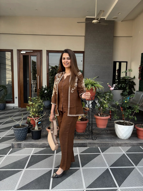 Brown Floral Embroidered Cotton Flex Jacket Coord Set