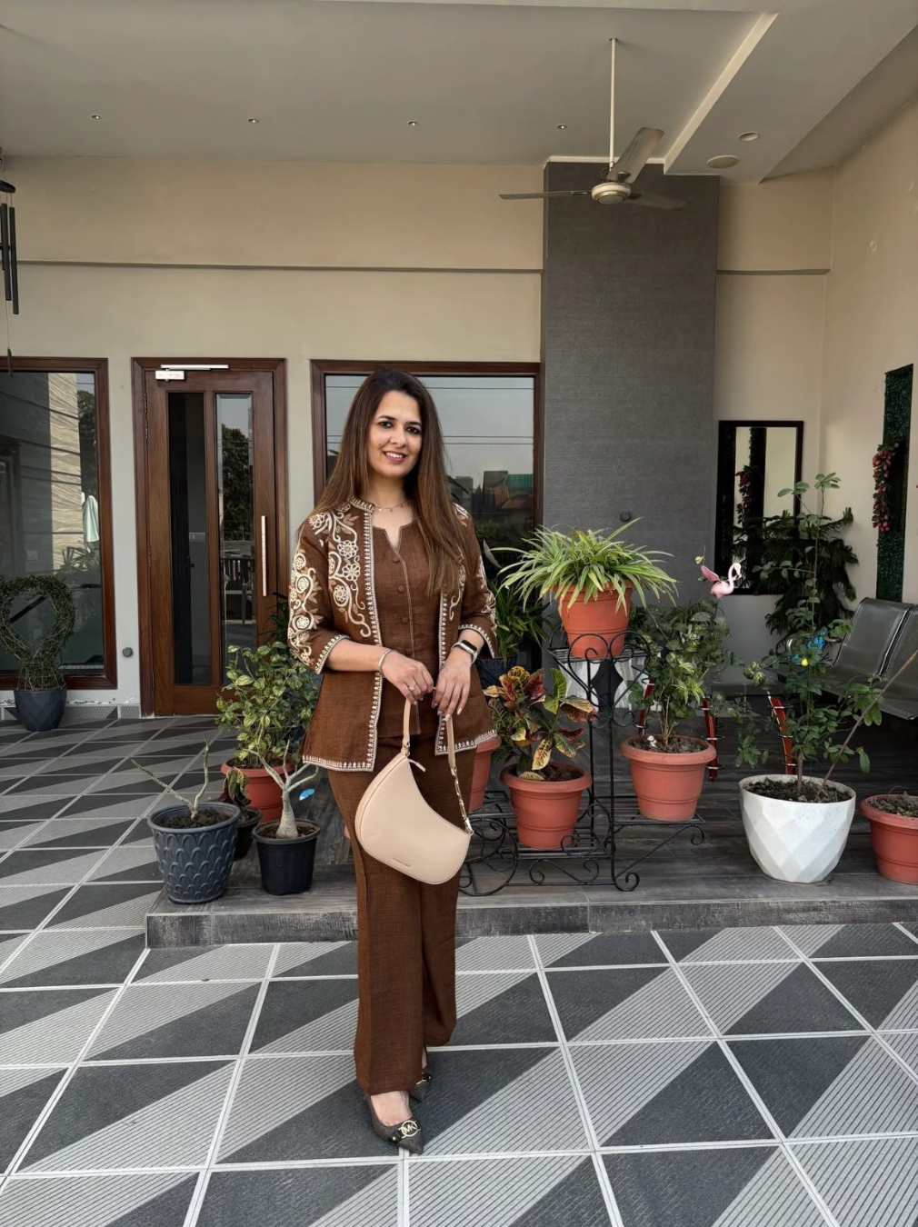 Brown Floral Embroidered Cotton Flex Jacket Coord Set