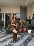 Brown Floral Embroidered Cotton Flex Jacket Coord Set