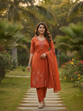 Rust Orange Embroidered Cotton Kurta Set with Malmal Dupatta