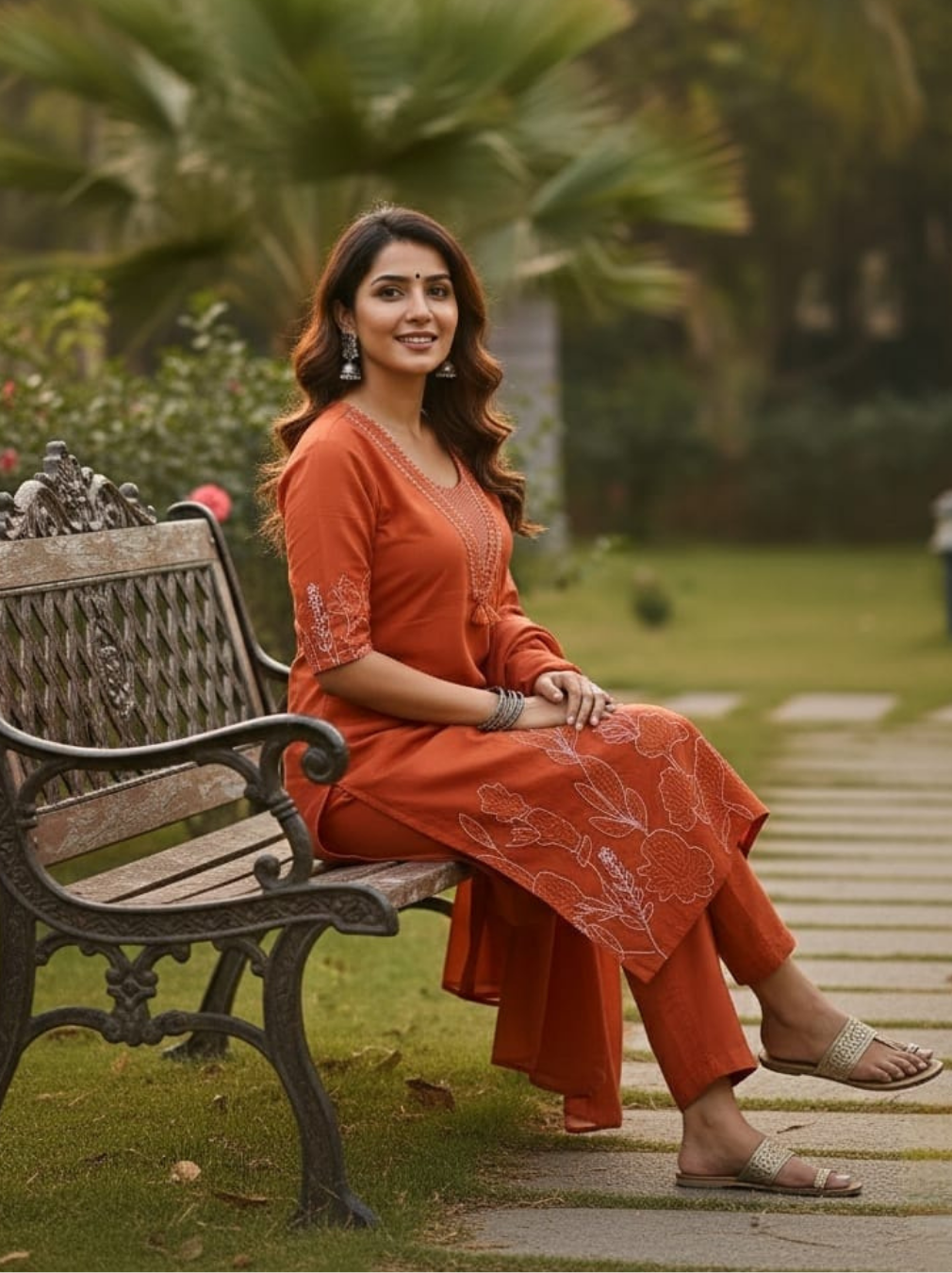 Rust Orange Embroidered Cotton Kurta Set with Malmal Dupatta