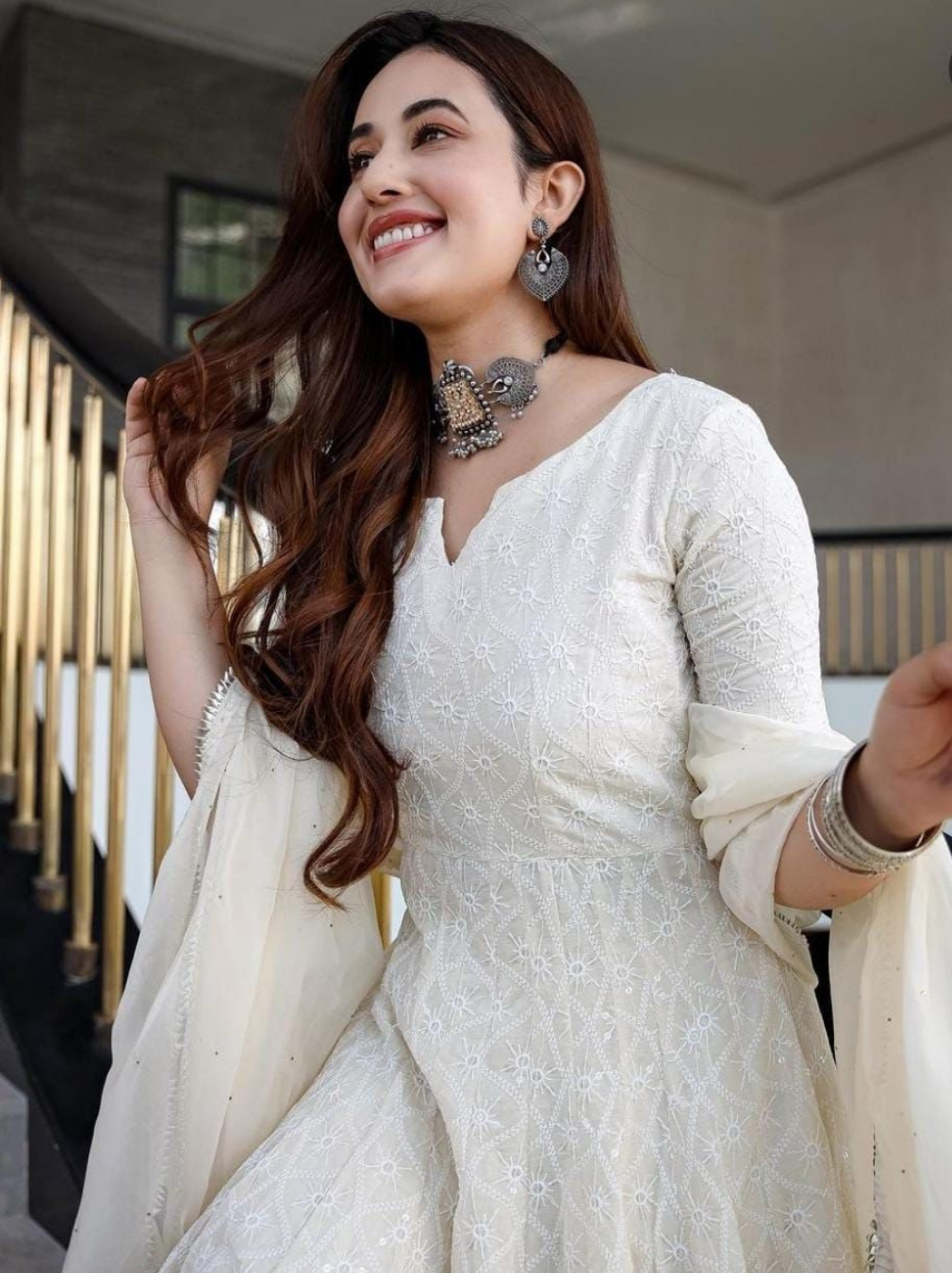 White Heavy Chikankari Sequence Work Long Kurti Set with Chanderi Dupatta