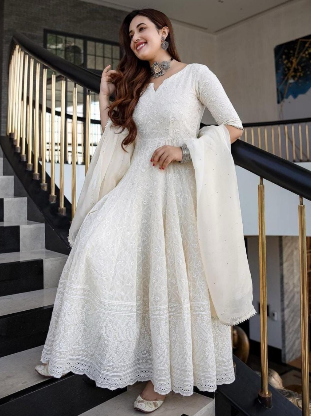 White Heavy Chikankari Sequence Work Long Kurti Set with Chanderi Dupatta