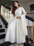 White Heavy Chikankari Sequence Work Long Kurti Set with Chanderi Dupatta