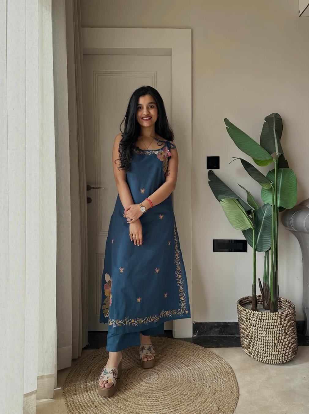 Steel Blue Heavy Embroidered Cotton Flex Kurta Set