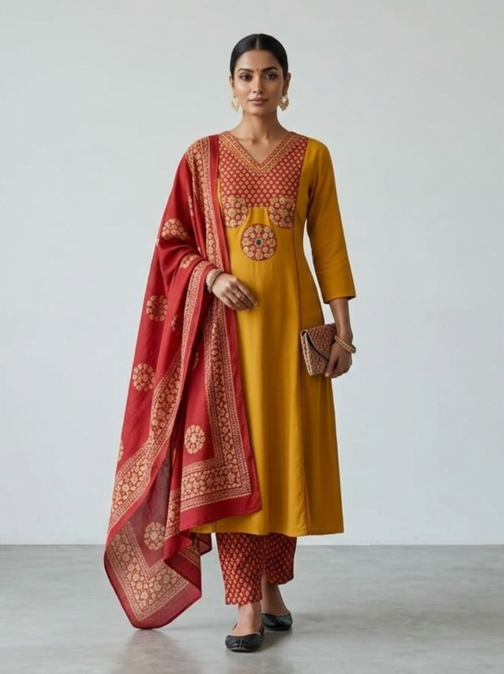Mustard Yellow Kurta Set with Ajrak Print Cotton Mul Dupatta
