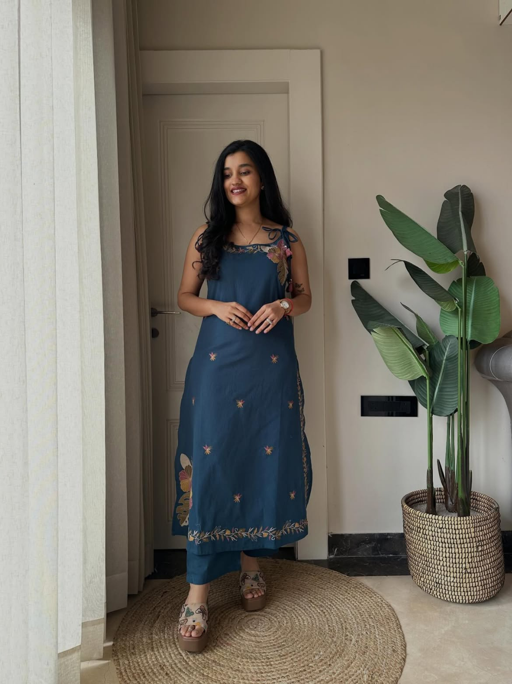 Steel Blue Heavy Embroidered Cotton Flex Kurta Set