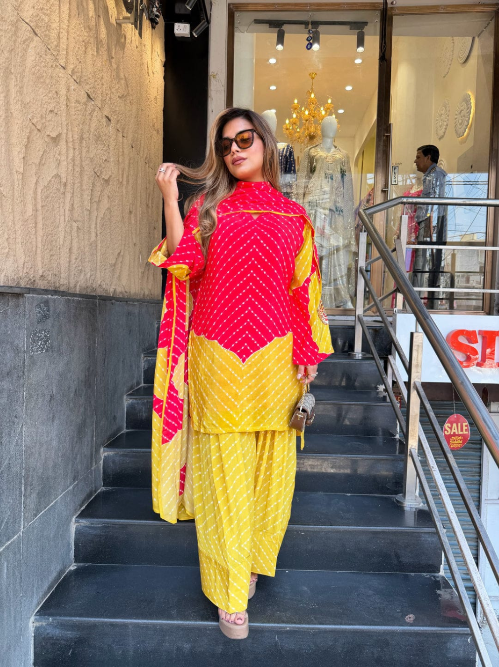 Red & Yellow Bandhani Print Heavy Embroidered Cotton Kurta Farsi Salwar Set