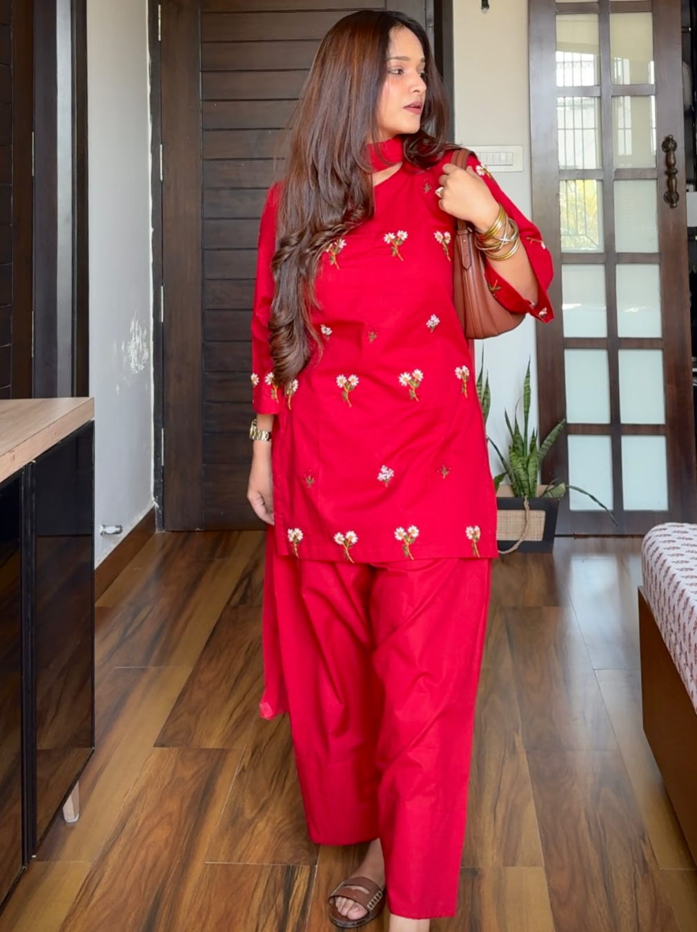 Red Floral Embroidered Cotton Kurta Farshi Salwar Set with Mulmul Dupatta