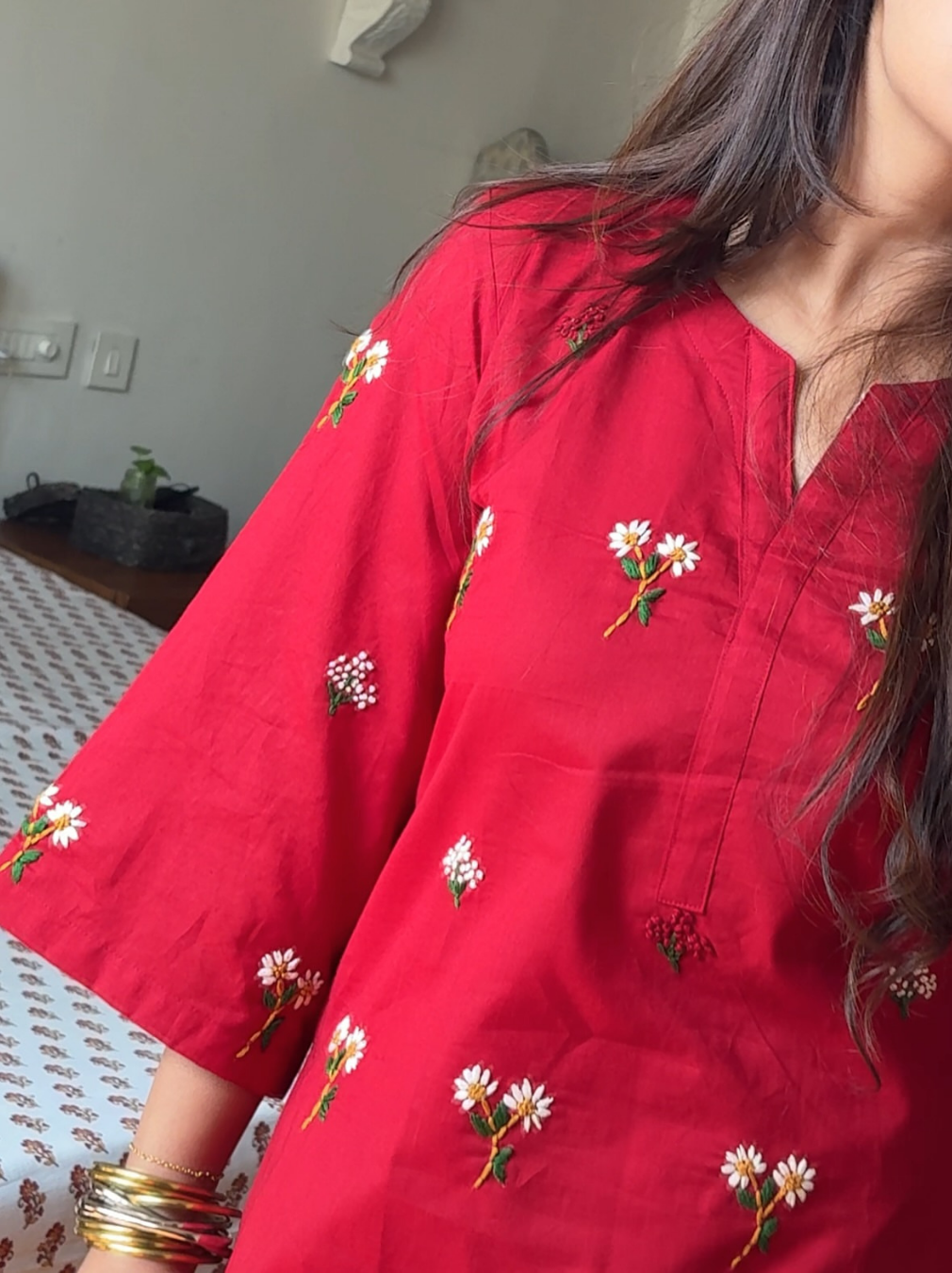 Red Floral Embroidered Cotton Kurta Farshi Salwar Set with Mulmul Dupatta