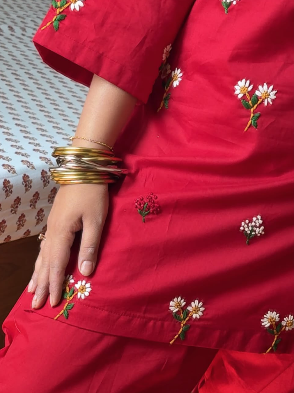 Red Floral Embroidered Cotton Kurta Farshi Salwar Set with Mulmul Dupatta