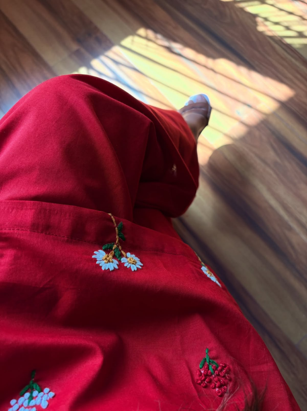 Red Floral Embroidered Cotton Kurta Farshi Salwar Set with Mulmul Dupatta