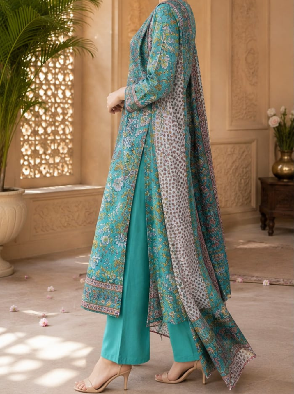 Teal Floral Print Semi Anarkali Cotton Suit Set