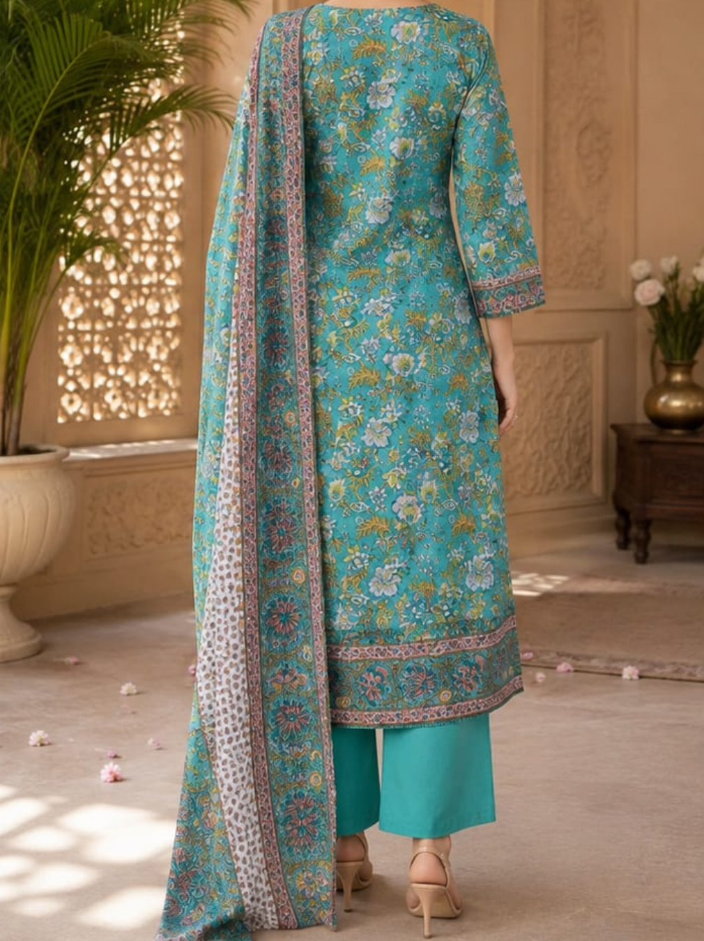 Teal Floral Print Semi Anarkali Cotton Suit Set