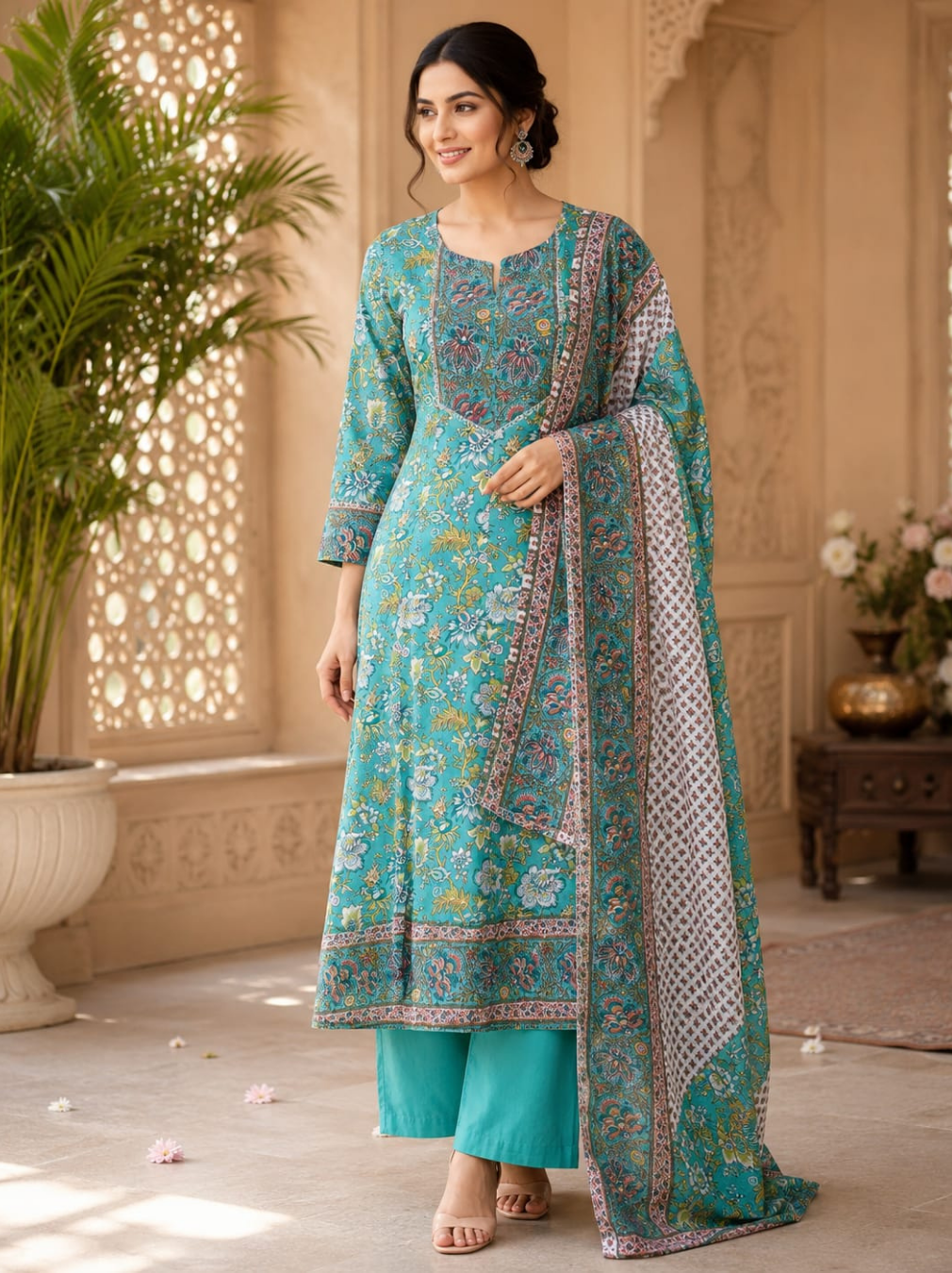 Teal Floral Print Semi Anarkali Cotton Suit Set