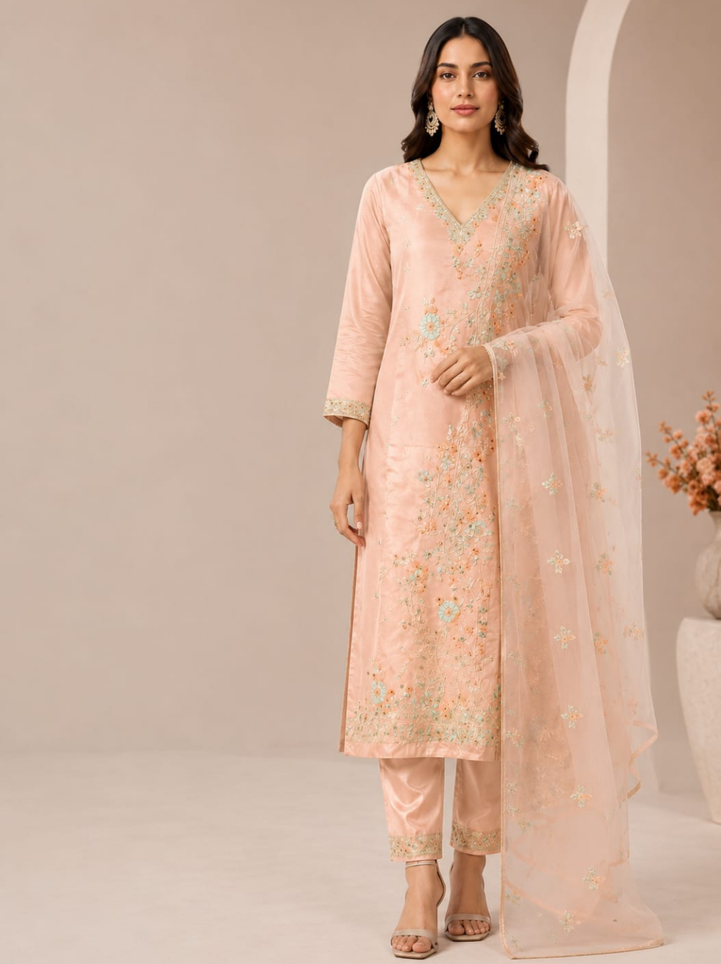 Peach Floral Embroidered Cotton Silk Kurta Set
